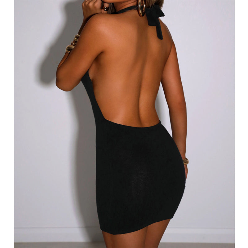 Black Bodycon Dress Women Halter Sexy Skinny Hollow Out Backless Mini