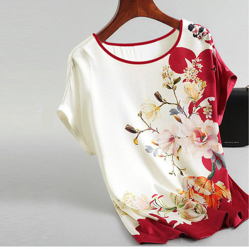 Fashion Floral Print Blouse Pullover Ladies Silk Satin Blouses Plus