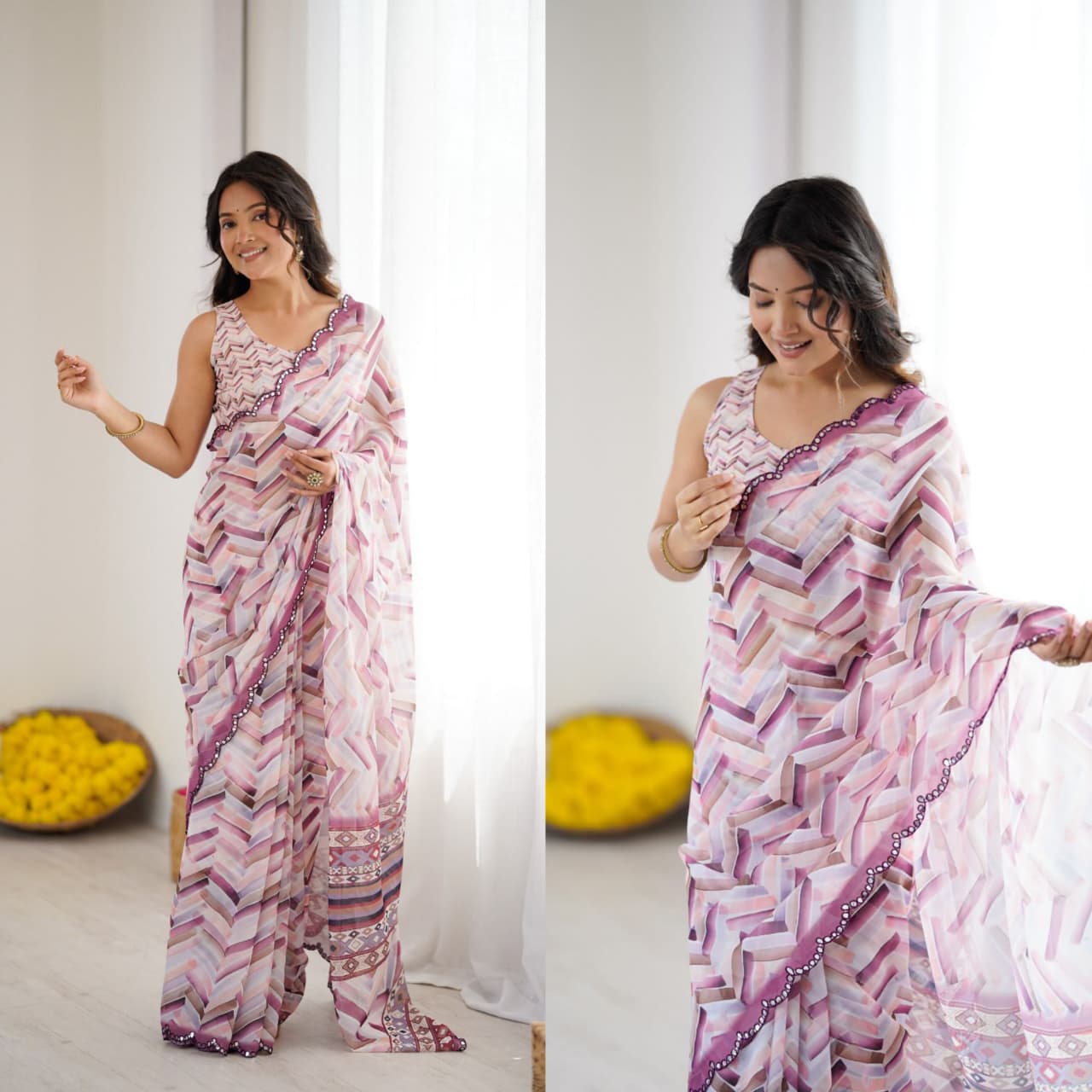 PRINTED SARI WITH MIRROR WORK