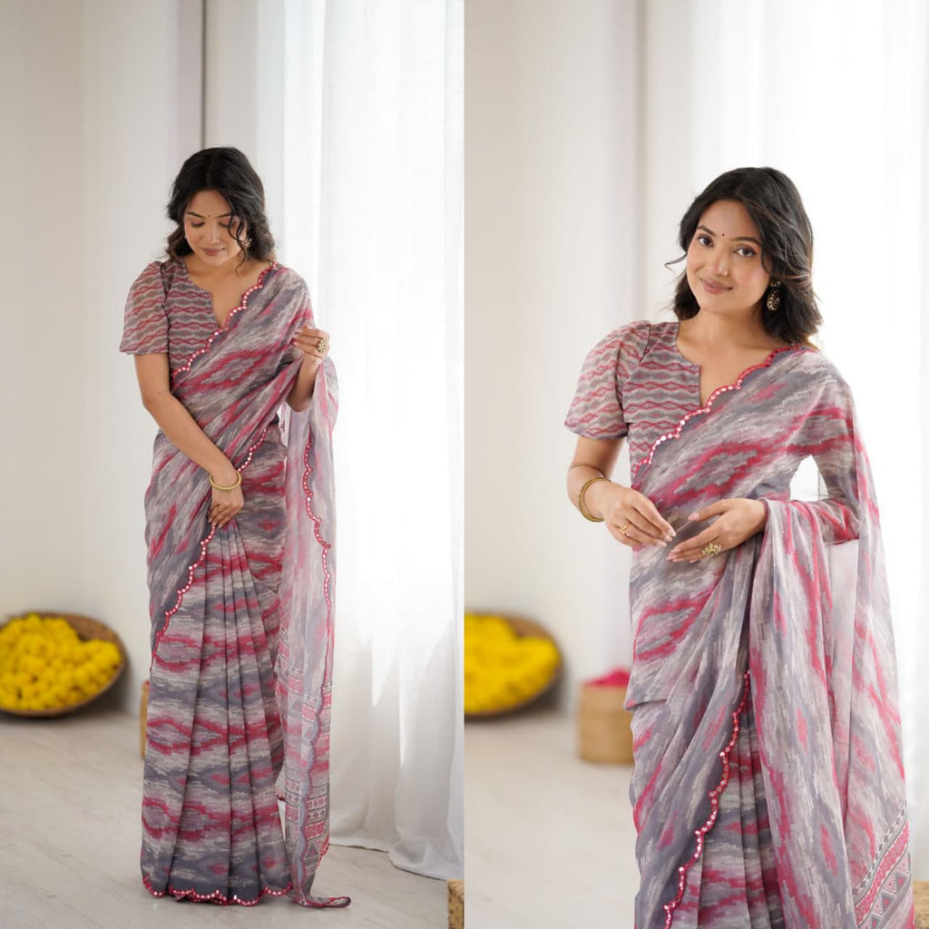 PRINTED SARI WITH MIRROR WORK