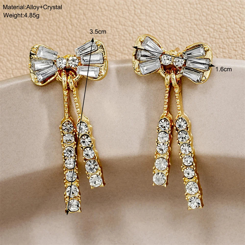 Shiny Crystal Rhinestone Tassel Bowknot Dangle Earrings for Women