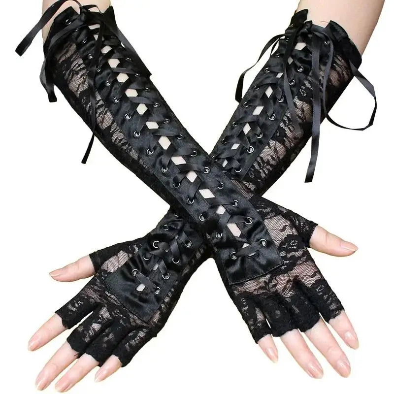 Women Sexy Floral Lace Elbow Length Half-Finger Gloves Black String