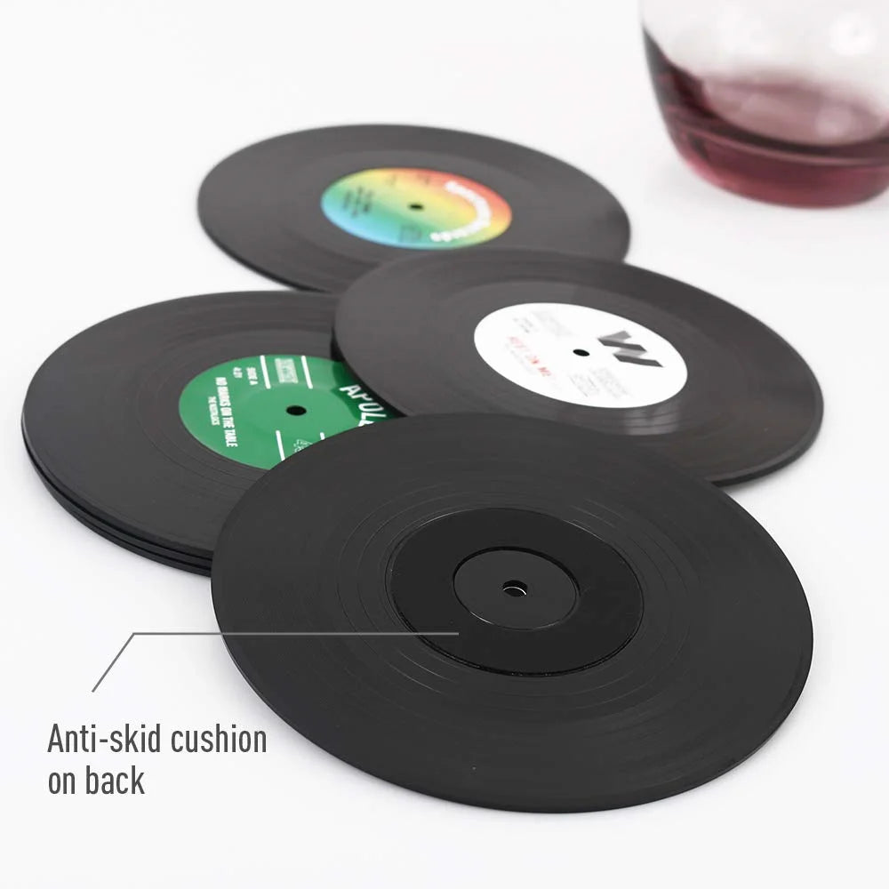 Set of 6 Colorful Retro Vinyl Record Disk Coasters for Drinks Vinyl