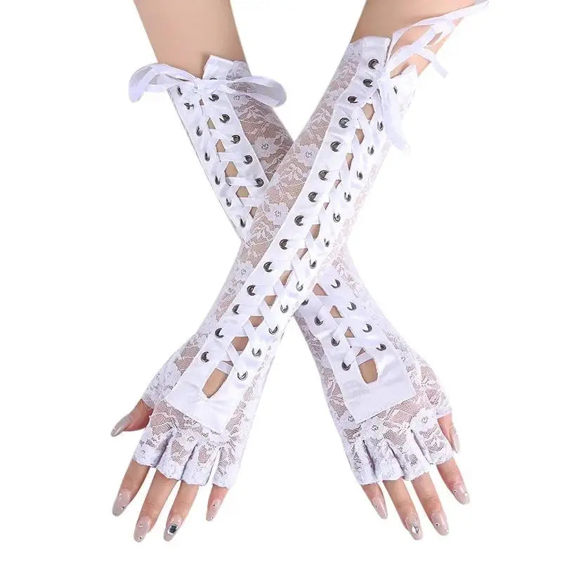 Women Sexy Floral Lace Elbow Length Half-Finger Gloves Black String