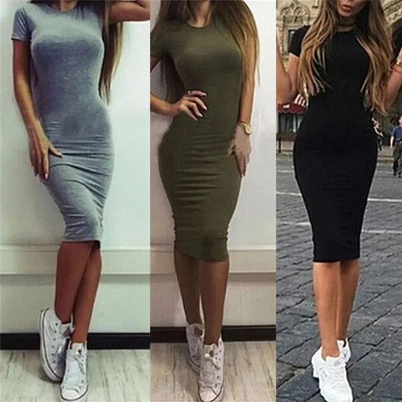 Summer Women Dresses Knee-Length Shinny Casual Short Sleeve Bandage