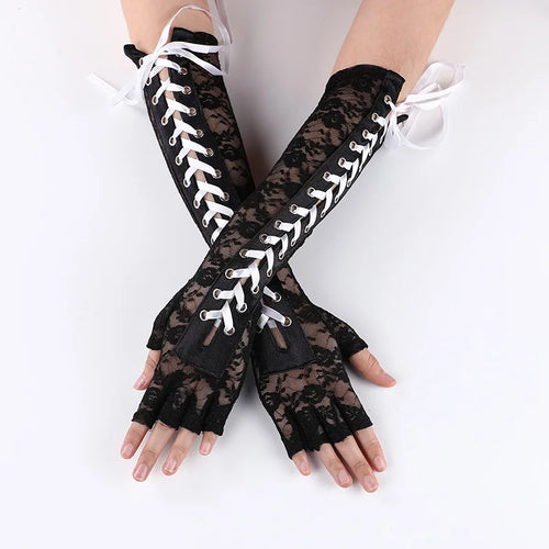 Women Sexy Floral Lace Elbow Length Half-Finger Gloves Black String