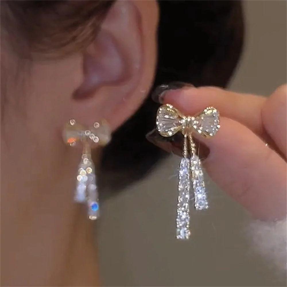 Shiny Crystal Rhinestone Tassel Bowknot Dangle Earrings for Women