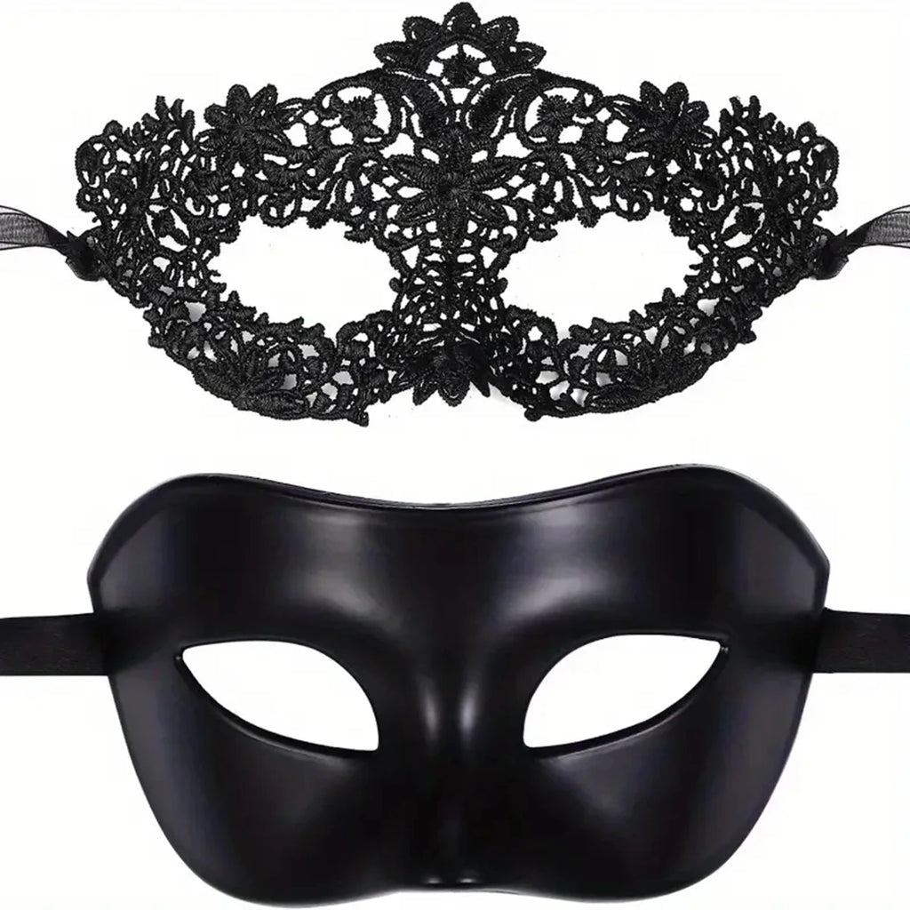 2pcs Elegant Black Lace Masquerade Mask Set for Couples - Perfect for