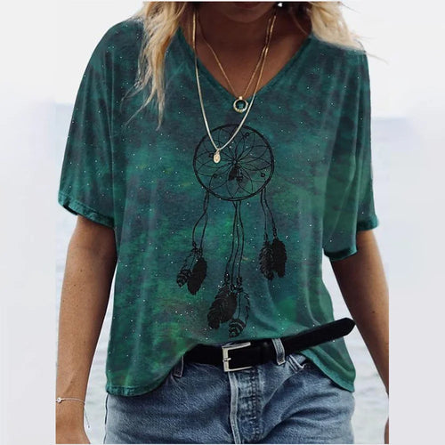 Women's T-shirts Summer Gradient Graphics Tops V Neck Fashion Female