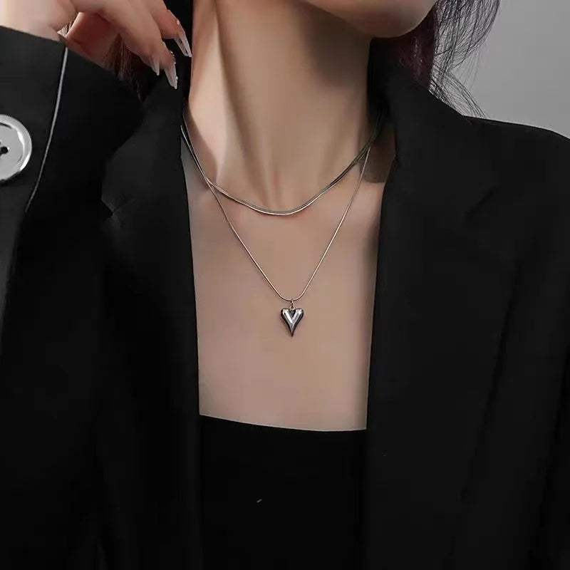 Double Layered Love Heart Pendant Necklace for Women Simple Neck Chain