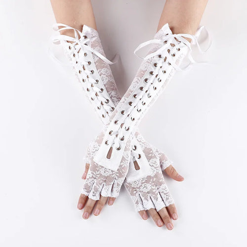 Women Sexy Floral Lace Elbow Length Half-Finger Gloves Black String
