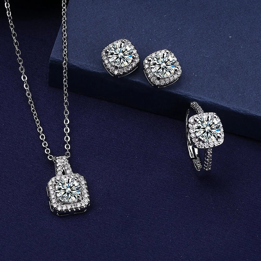 Luxury Square Zircon Crystal Earring Necklace Ring 3 Piece Set for