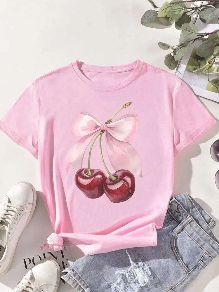 Fashion Cherry Print Women T-Shirt Short Sleeve Crew Neck Casual Tops