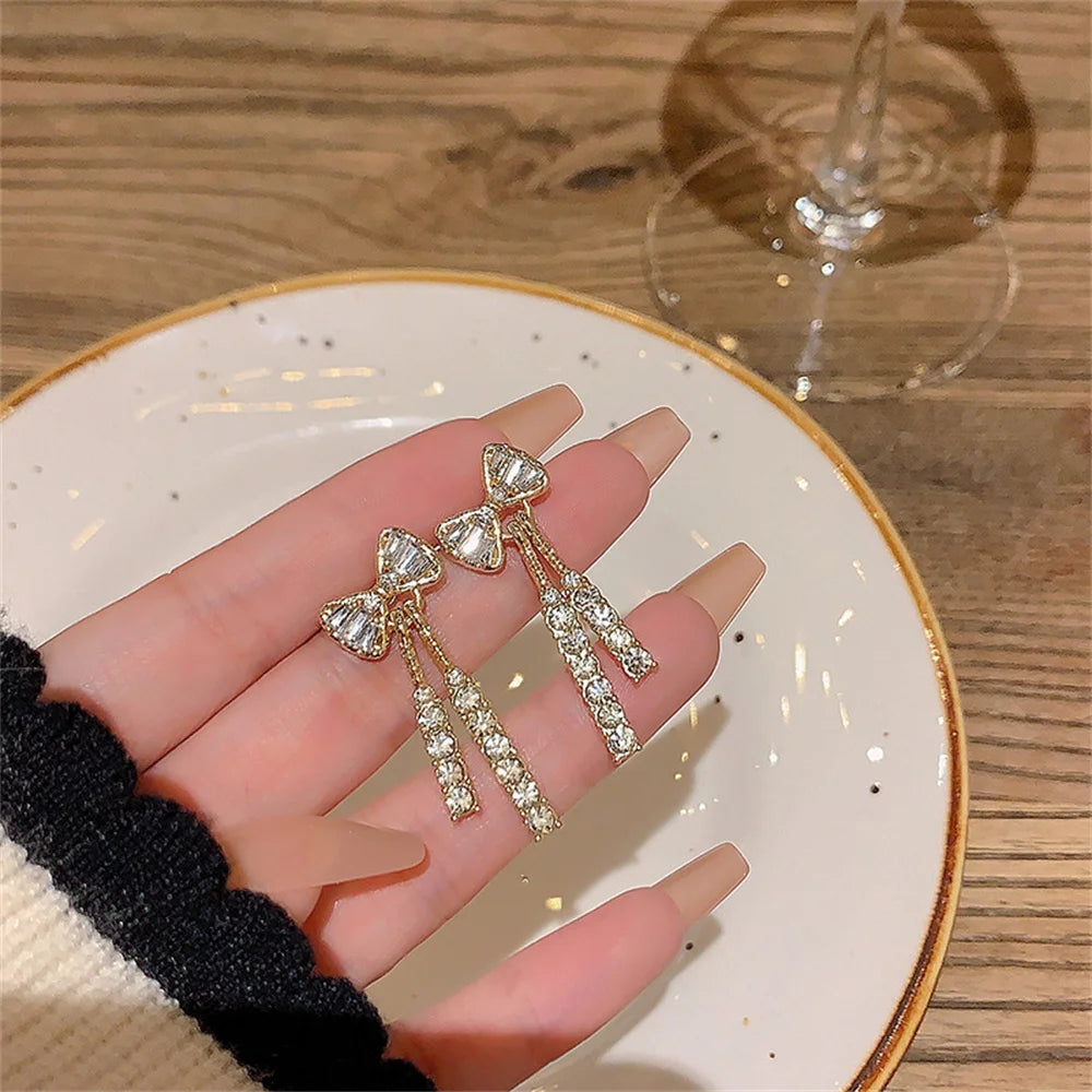 Shiny Crystal Rhinestone Tassel Bowknot Dangle Earrings for Women