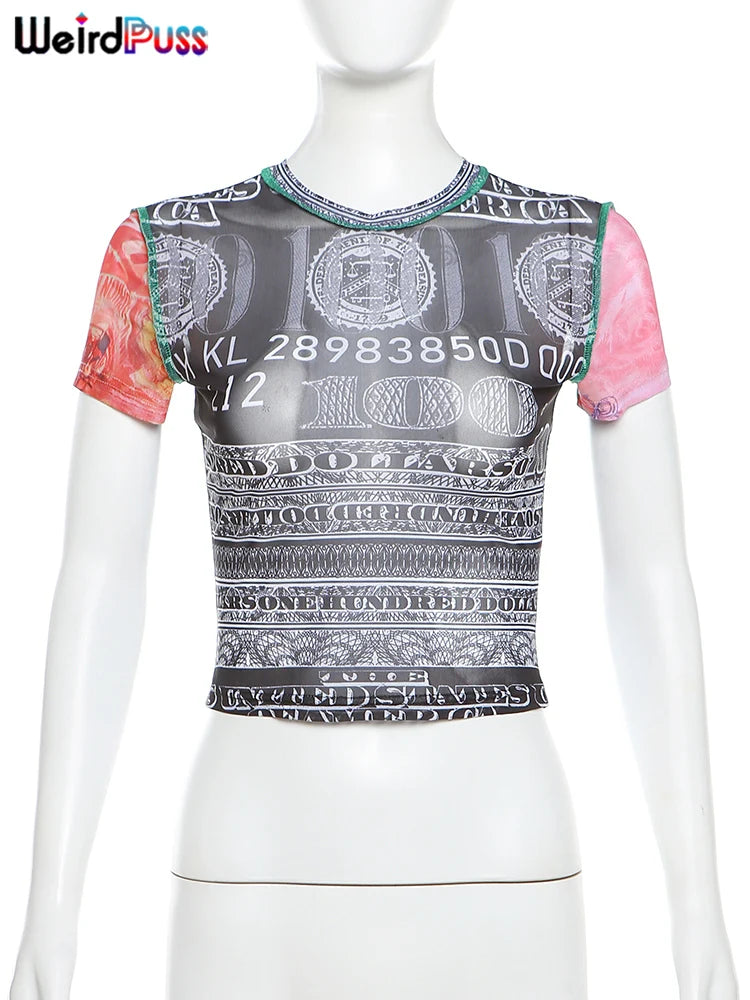 Weird Puss See Through Crop Tops Women Numeral Print Short Sleeve