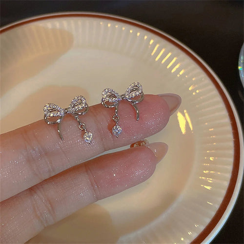 Shiny Crystal Rhinestone Tassel Bowknot Dangle Earrings for Women