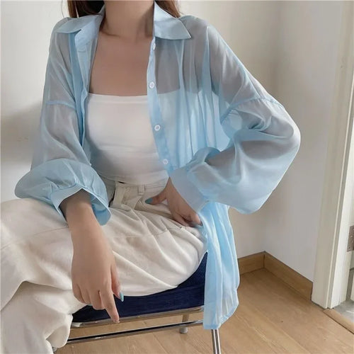 Xpqbb Women's White Chiffon Shirt Sheer Thin Long Sleeve Sun