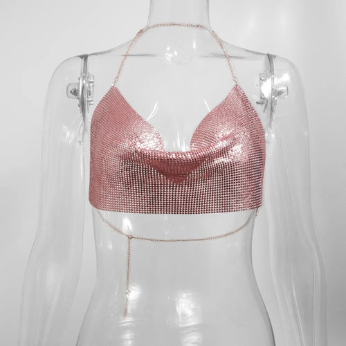 Sexy Metal Metallic Crop Top Women Beach Halter Corset Tops Glitter