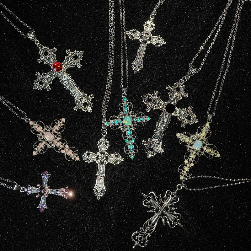 Y2K Punk Crystal Big Cross Pendant Necklaces for Women Men Gothic