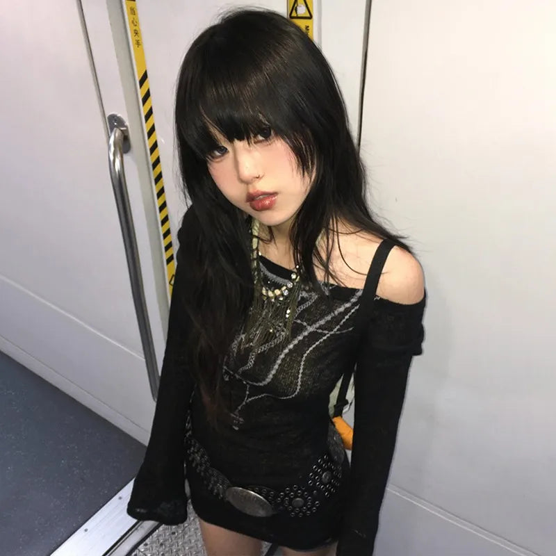 Karrram Japanese Y2k Knitted Tops Grunge Tattoo Print Long Sleeve