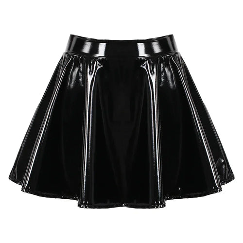 Women Glossy Patent Leather Flared Miniskirt Dance A Line Skirt