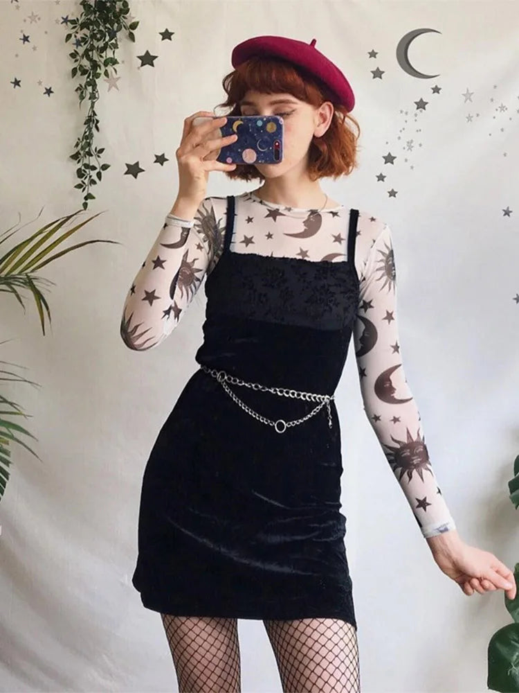 Sun Moon Printed Transparent Mesh Sexy T-Shirt Women O-Neck Long