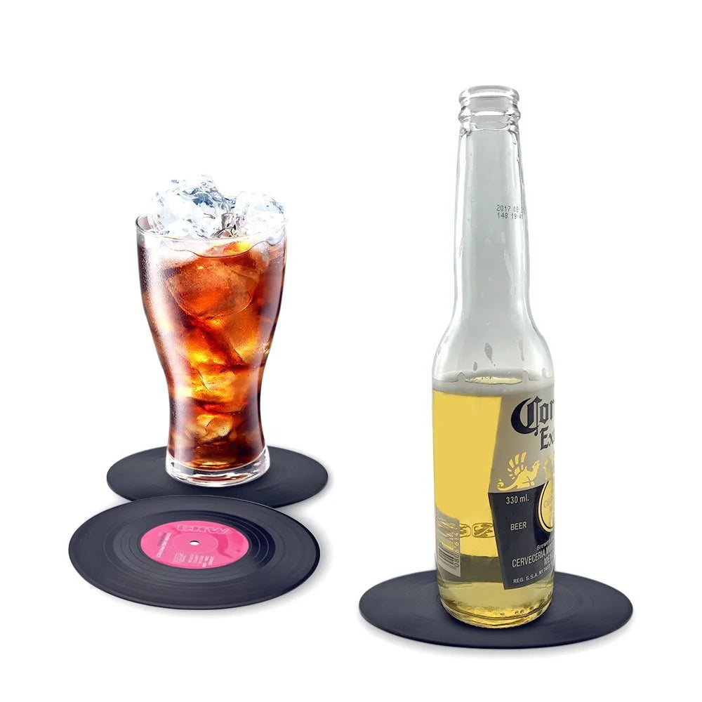 Set of 6 Colorful Retro Vinyl Record Disk Coasters for Drinks Vinyl