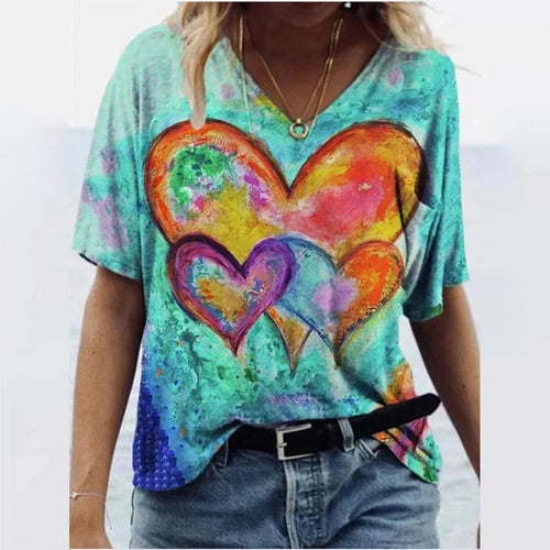 Women's T-shirts Summer Gradient Graphics Tops V Neck Fashion Female