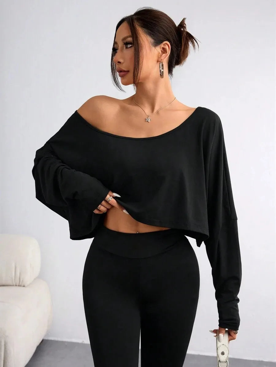 Women'S Black Long Sleeve Blouse T-shirt Casual Asymmetrical Neck