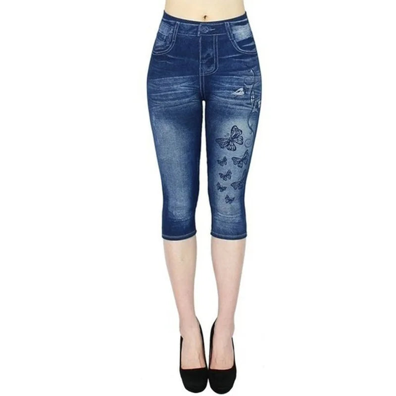 Women Print Imitation Denim Leggings Skinny Stretchy Cropped Pants