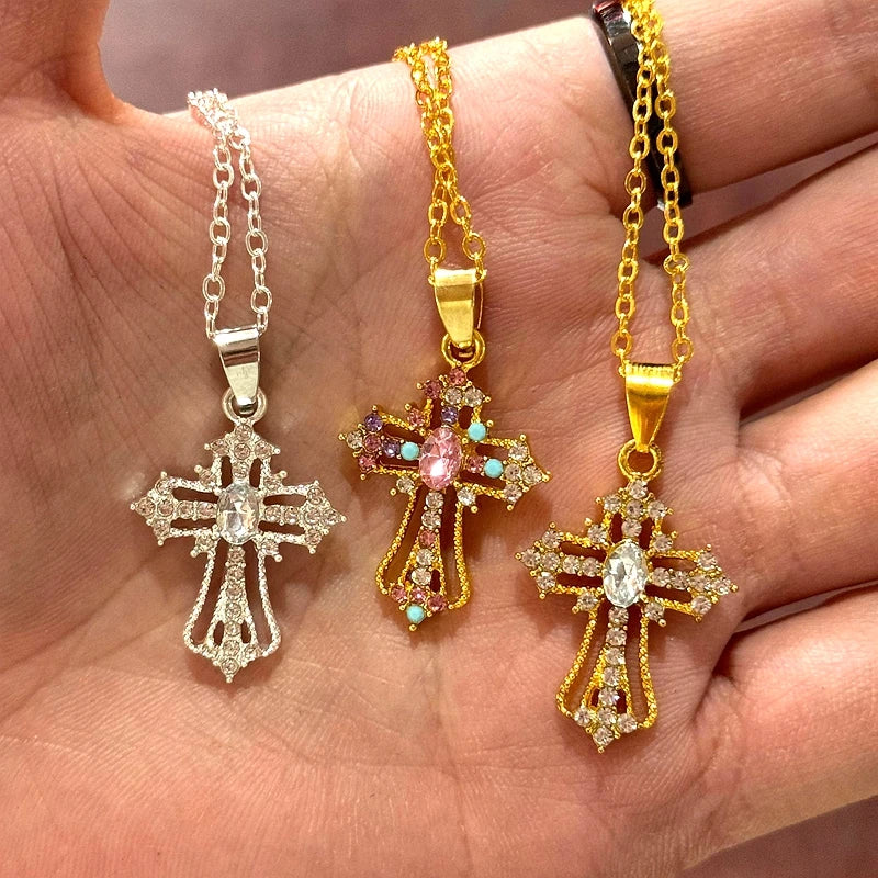 Y2K Punk Crystal Big Cross Pendant Necklaces for Women Men Gothic