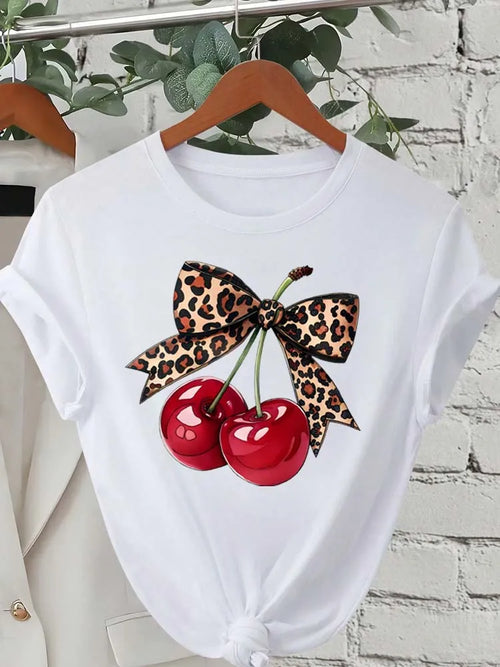 Fashion Cherry Print Women T-Shirt Short Sleeve Crew Neck Casual Tops