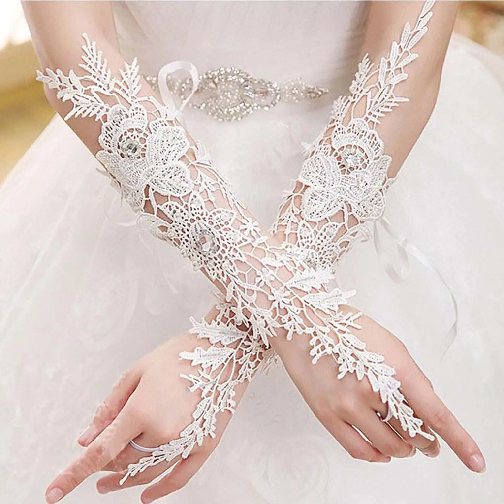Lace Crystal Women’s Wedding Gloves Fingerless Elbow Bridal Floral