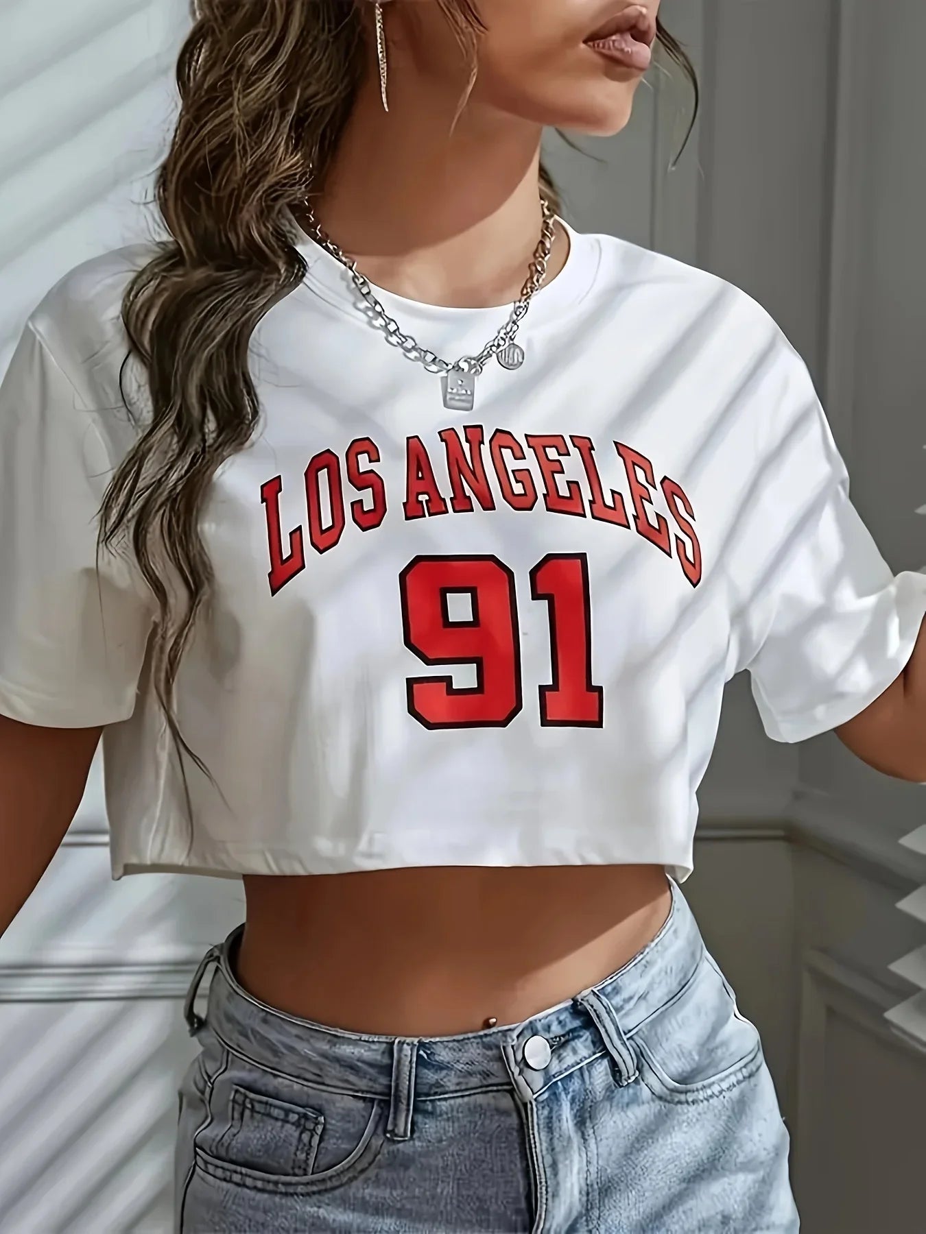 T Shirt Los Angeles Number 91 Brooklyn Graphic Round Neck Sports Crop