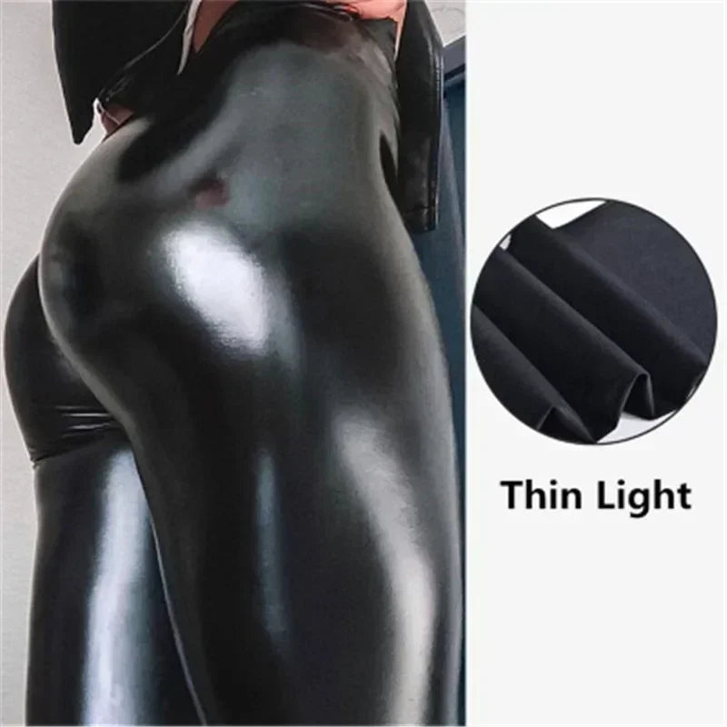 Sexy Black PU Leather Tights Women High Waist Pants High Elastic Slim