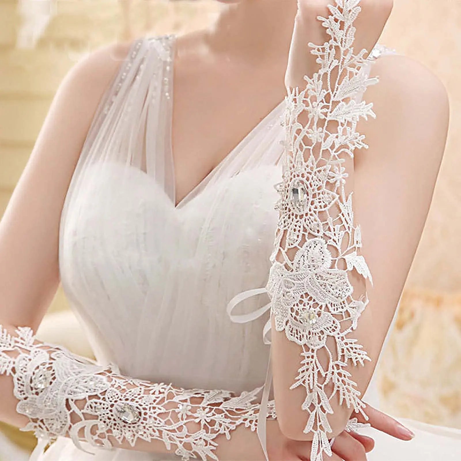 Lace Crystal Women’s Wedding Gloves Fingerless Elbow Bridal Floral
