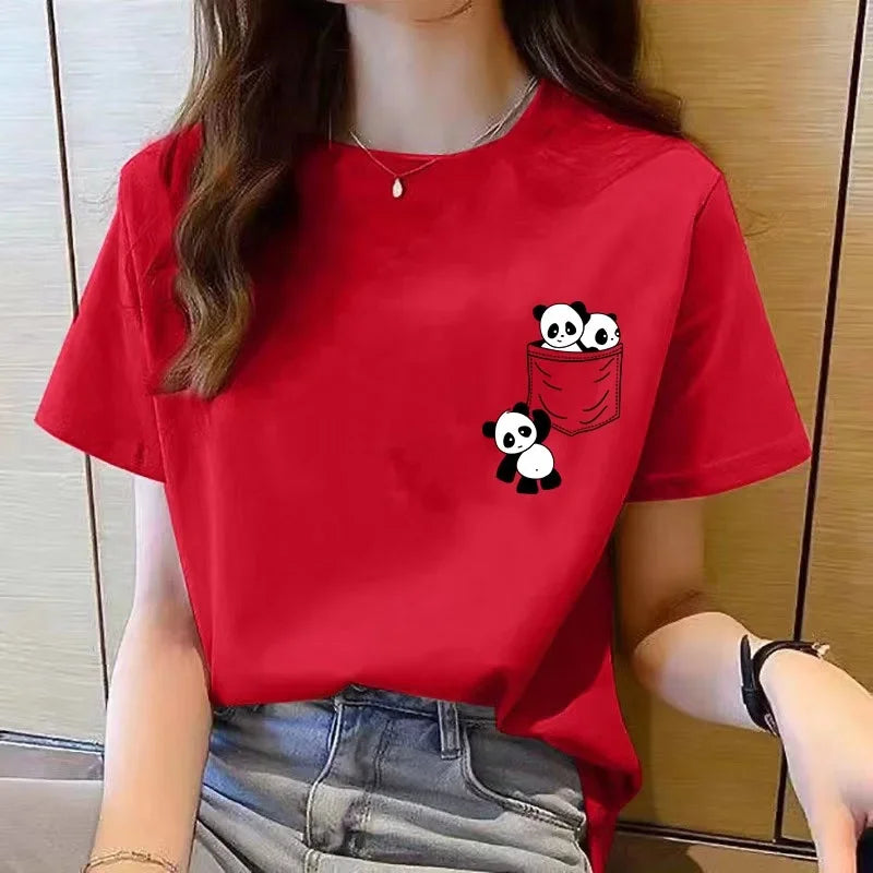 Women Short Sleeve Top Summer New Pocket Panda Cartoon Printed T-shirt