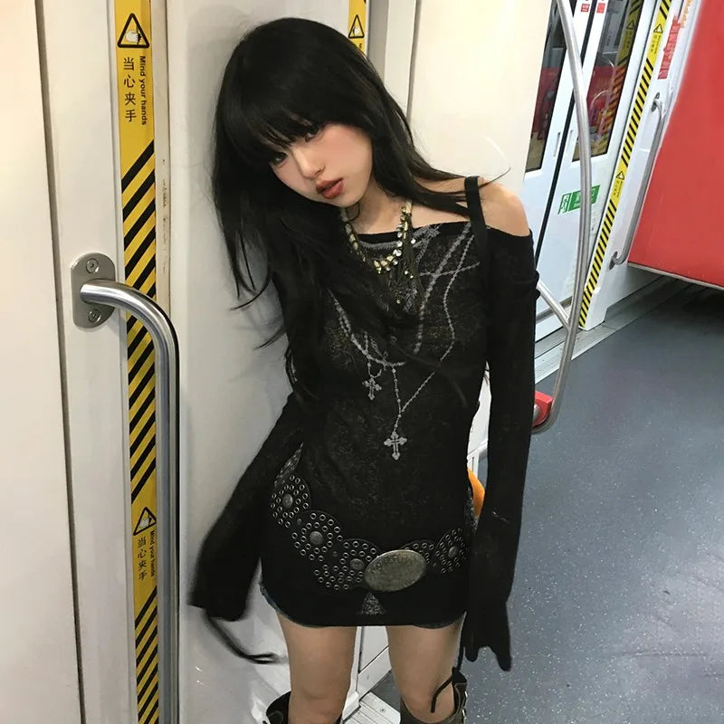 Karrram Japanese Y2k Knitted Tops Grunge Tattoo Print Long Sleeve