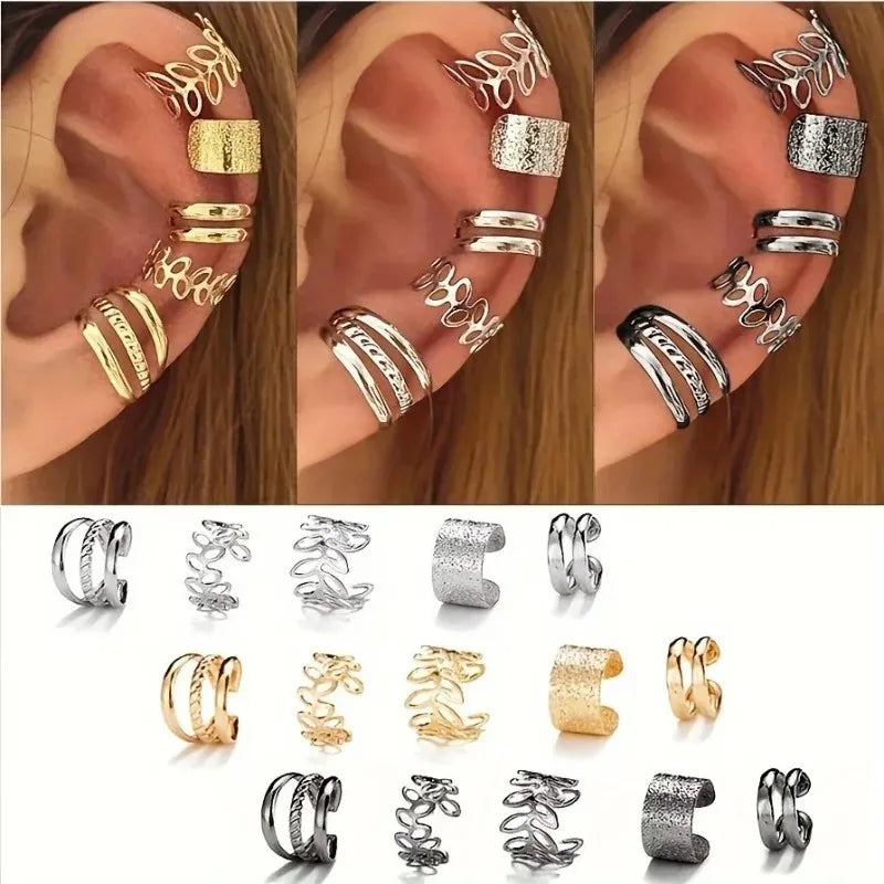 5/15 Pcs Set Of Hollow Leaf Design Clip On Earrings, Zinc Alloy