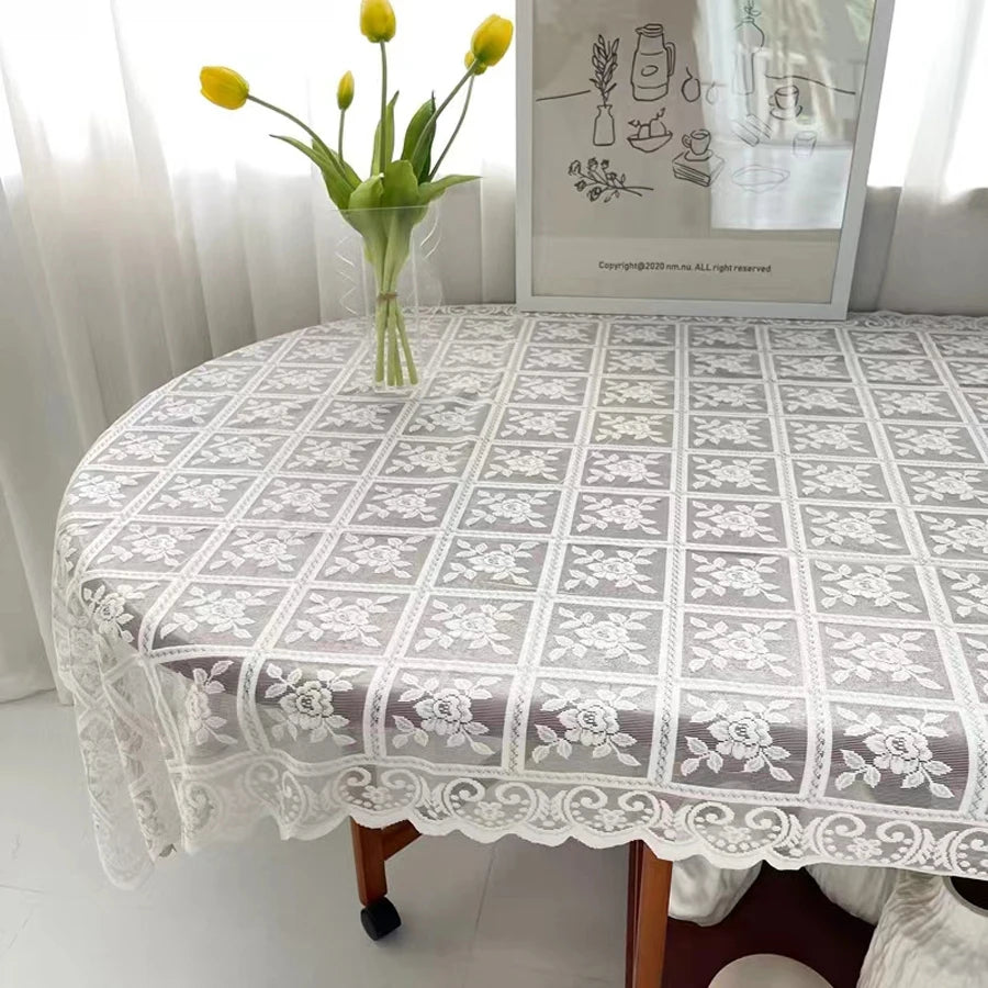 One Antique Embroidered Lace Tablecloth - Solid Color Elegant Flower
