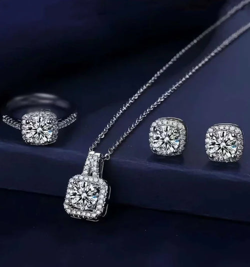 Luxury Square Zircon Crystal Earring Necklace Ring 3 Piece Set for