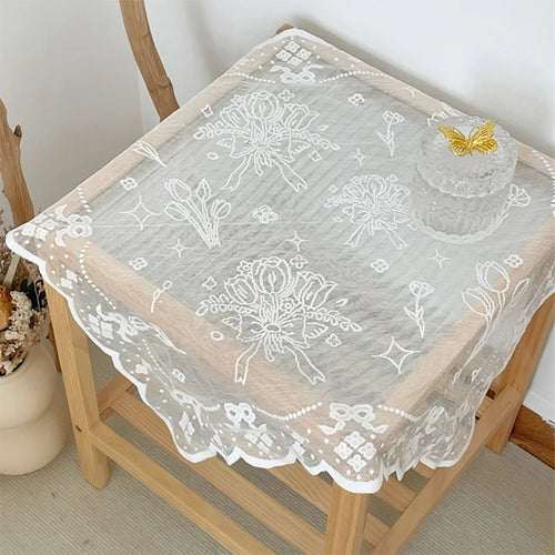 One Antique Embroidered Lace Tablecloth - Solid Color Elegant Flower