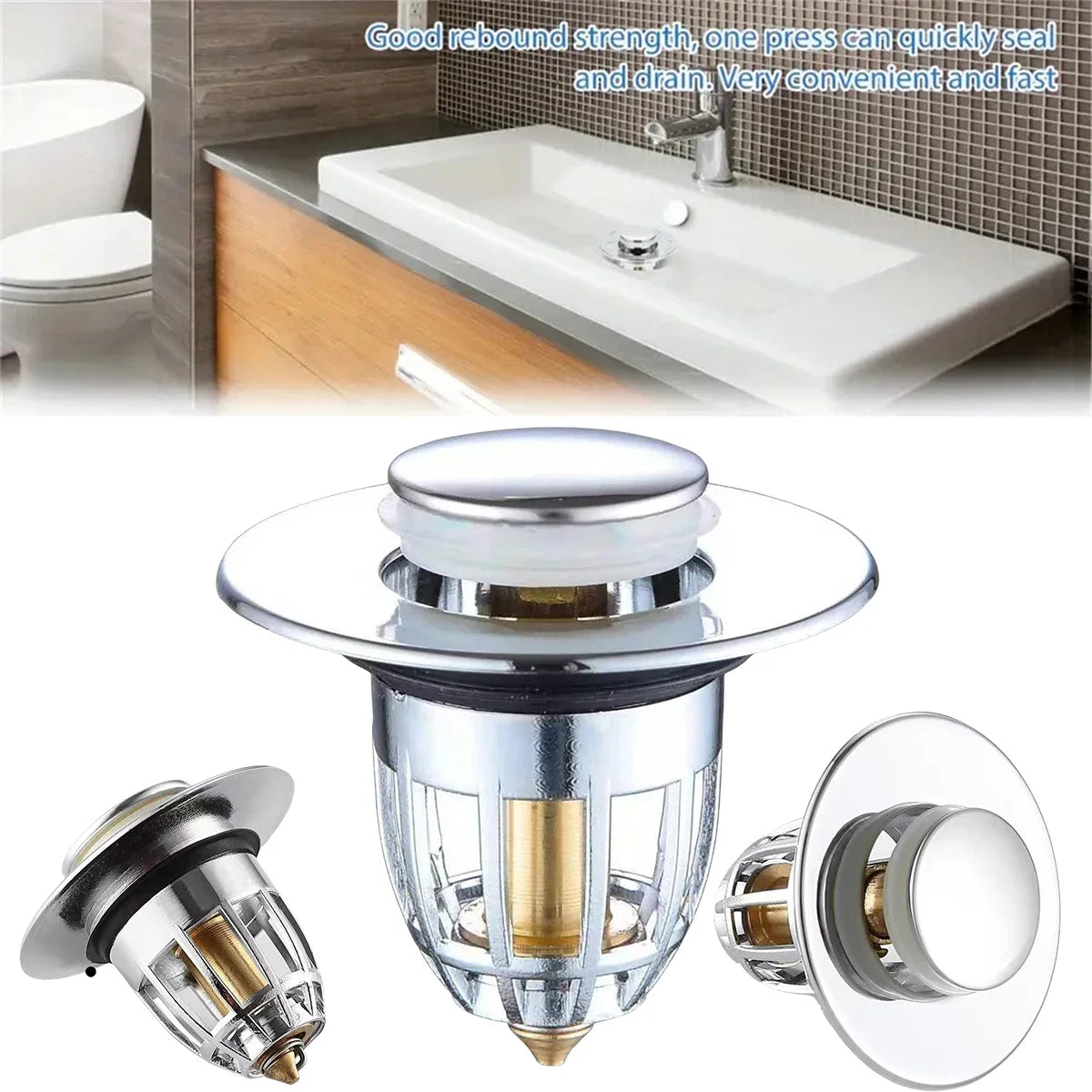 Universal Rebound Drain Plug Filter Basin Pop-up Chrome Sink Filter