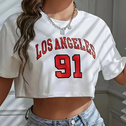 T Shirt Los Angeles Number 91 Brooklyn Graphic Round Neck Sports Crop