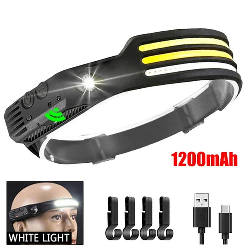COB LED Headlamp Induction Head Lamp Built-in Battery USB Rechargeable