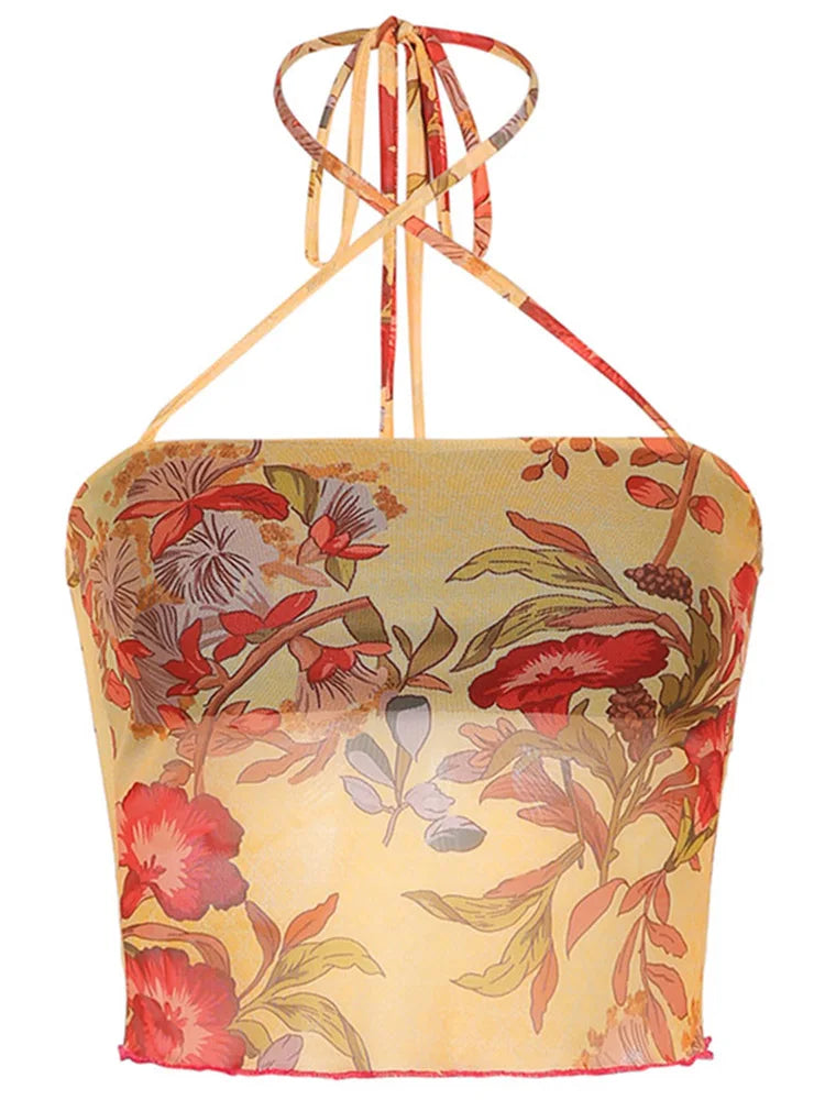 Y2K Mesh Sheer Floral T-shirt Vintage halter Tops Women Sleeveless