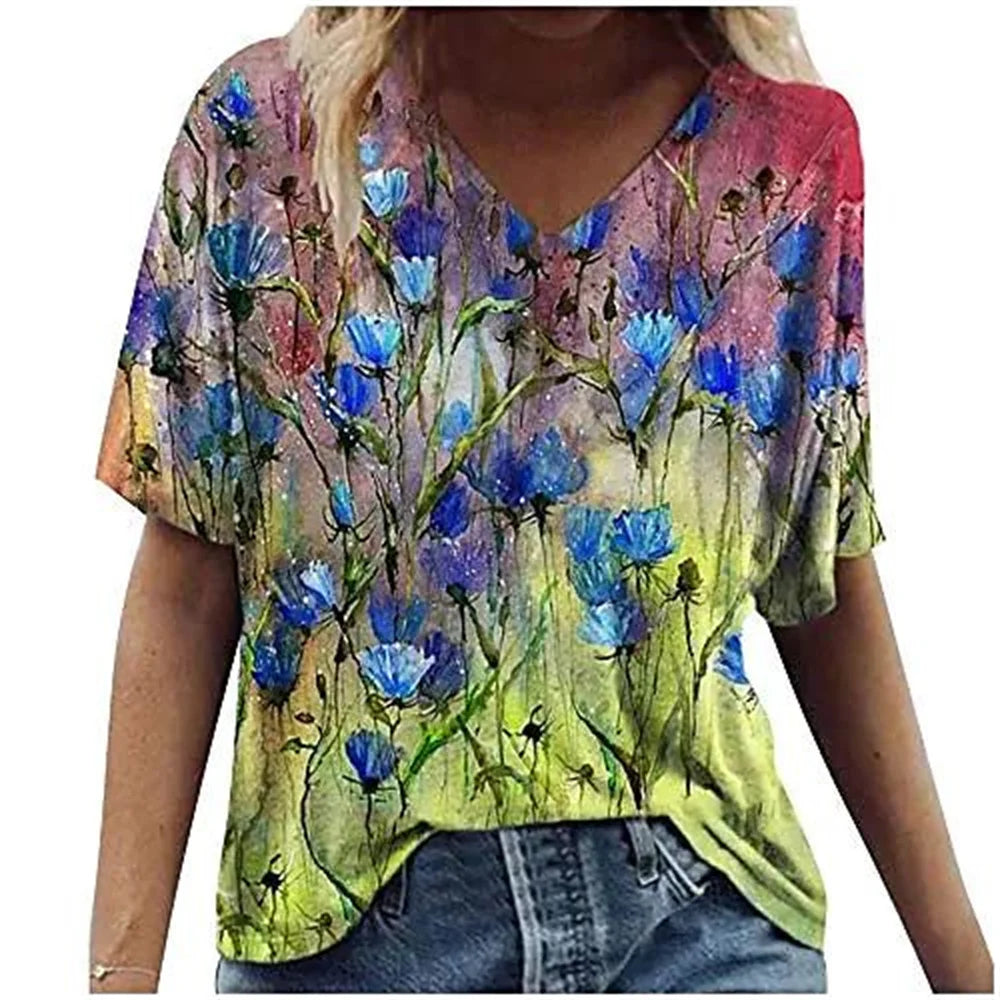 Women's T-shirts Summer Gradient Graphics Tops V Neck Fashion Female