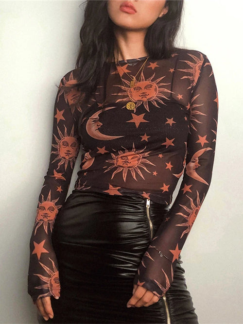 Sun Moon Printed Transparent Mesh Sexy T-Shirt Women O-Neck Long