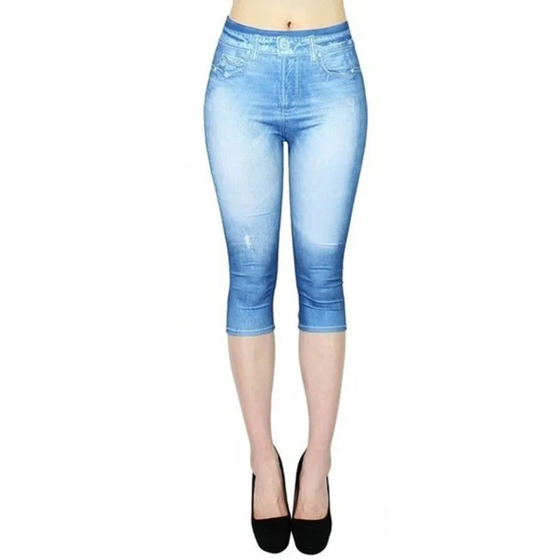 Women Print Imitation Denim Leggings Skinny Stretchy Cropped Pants