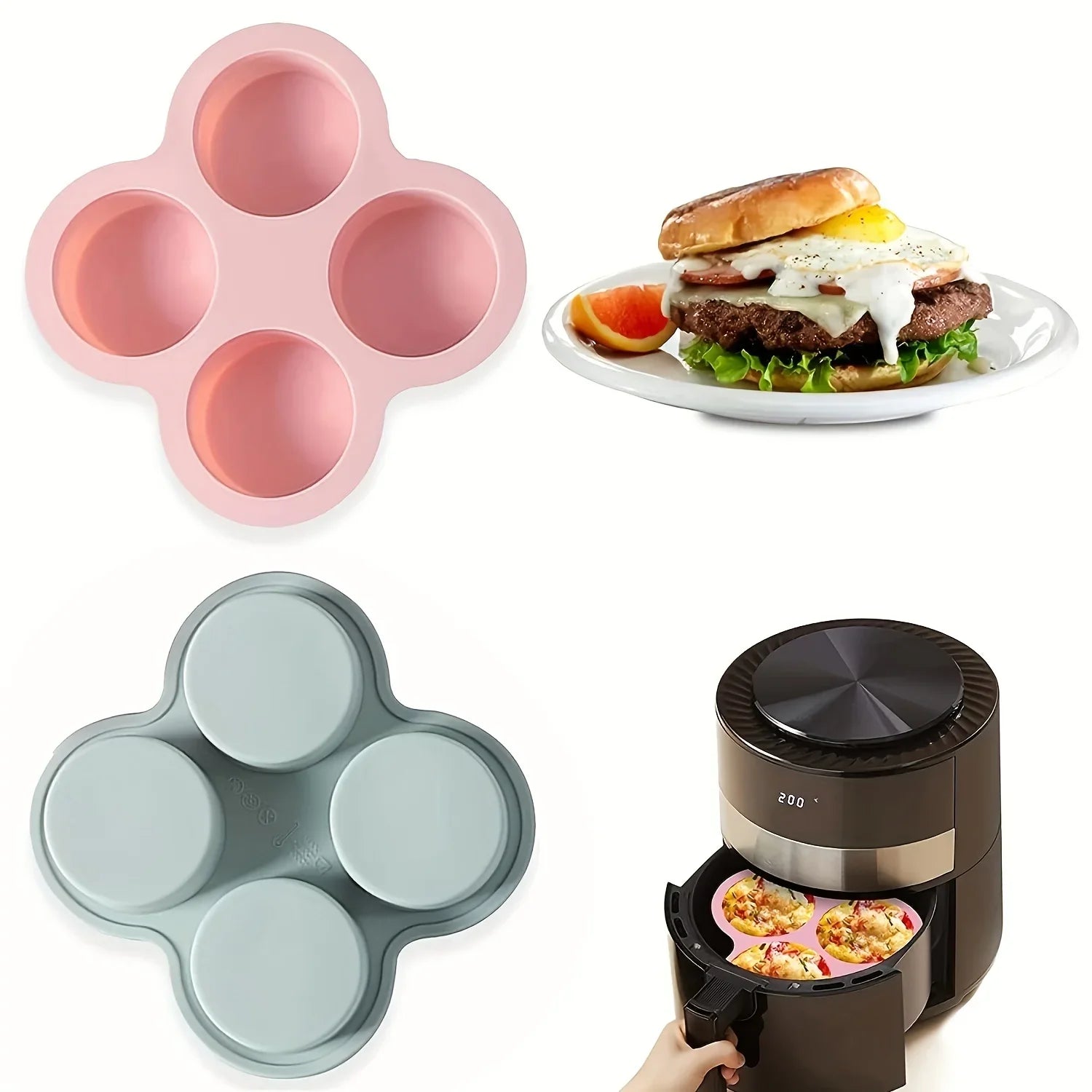 Air Fryer Egg Mold Round Shape Eggs Mold 4 Cavity Non-Stick Silicone